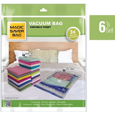 Magic Saver Bag Vakumlu Saklama Torbası Seti 6 Adet Farklı Boy Çift Kilitli Turbo Valf Şeffaf Ev ve