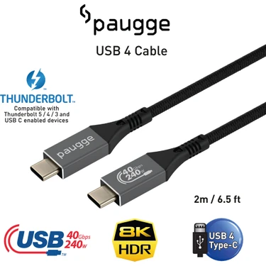 Paugge USB 4 Kablo - 40GBPS, USB C Görüntü, Ses, Data ve Hızlı Şarj Kablosu - 8k 60Hz, 4K 144Hz