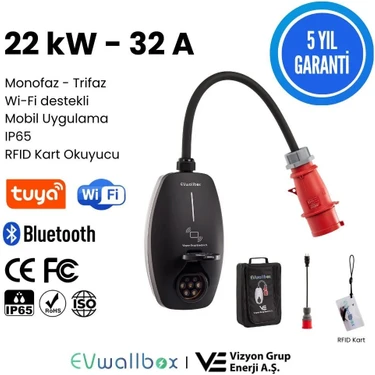 EVwallbox 22KW V3 Türkçe Mobil Uygulama 5 Yıl Garanti Taşınabilir Elektrikli Araç Şarj Cihazı