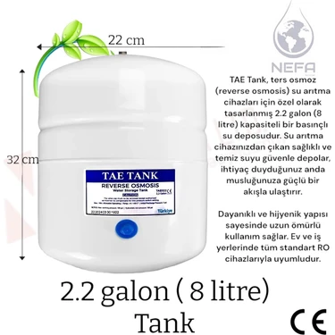 Su Arıtma Tankı 8 Lt Tüm Cihazlara Uyumlu, Paslanmaz Çelik Tank, Antibakteriyel 2.2
