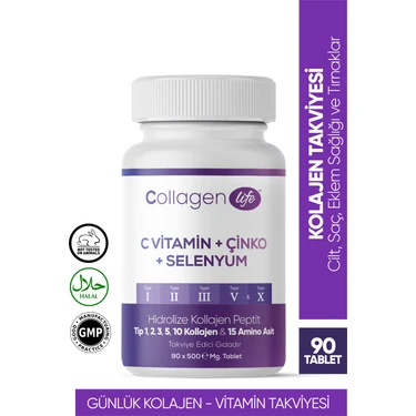 Collagen Life 5 Tip Kolajen Tip 1,2,3,5 ve 10 (Selenyum, C Vitamini Ve Çinko) 90 x 500 Mg