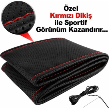 Fox Deri Direksiyon Kılıfı Sarmalı Dikmeli Kırmızı Dikişli