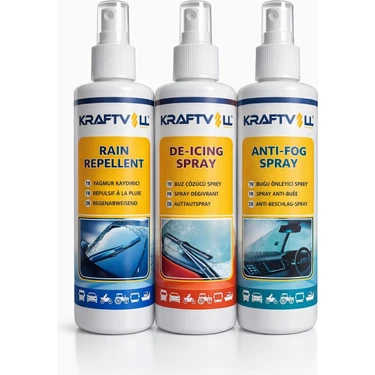 Kraftvoll Kışlık Set (Yağmur Kaydırıcı Sprey 250ML  - Buz Çözücü Sprey 250ML - Buğu Önleyici Sprey