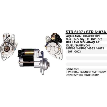 Marş Motoru 24V 11DIŞ 3,5kw Isuzu Şampiyon NPR66 NKR66 4be1 4hf1 1997-2003 Dodo