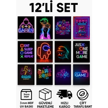 Exin 12'li Gamer Neon Ahşap Poster Seti 15X20 cm | Oyun Odası Duvar