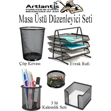 Artlantis Masa Üstü Siyah Fileli Kalemlik Çöp Kovası ve 3 Katlı Evrak Rafı 5 Parça 1 Paket 5 Li