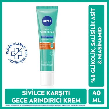NIVEA Derma Skin Clear Night Exfoliator Gece Arındırıcı Krem 40ml, %8 Glikolik Asit (AHA) ve