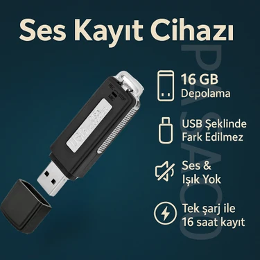 Ses Kayıt Cihazı USB Şeklinde Fark Edilmez Tasarım 16GB Tek Şarj Ile 16 Saat