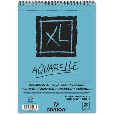 Canson XL Aquarelle Spiralli Sulu Boya Blok A5 – 300 gr, 20 Yaprak, İnce Dokulu Soğuk Baskı, Mavi