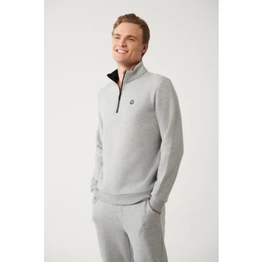 AVVA Erkek Gri Dik Yaka Fermuarlı 3 İplik Şardonlu Regular Fit Sweatshirt