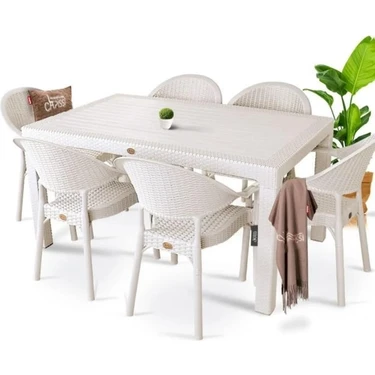 Nar Sokağı Capissi Bambu Kapiçino Rattan Bahçe Balkon Masa Takımı 90x150 cm 6 Kişilik Dikdörtgen
