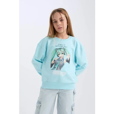 DeFacto Hatsune Miku Oversize Geniş Kalıp Bisiklet Yaka Sweatshirt Kız Çocuk