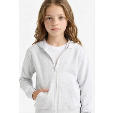 DeFacto Basic Düz Kapüşonlu Okul Fermuarlı Sweatshirt Kız Çocuk