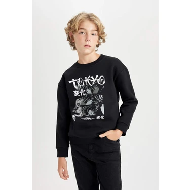 DeFacto Siyah Oversize Geniş Kalıp Bisiklet Yaka Baskılı Sweatshirt Erkek Çocuk