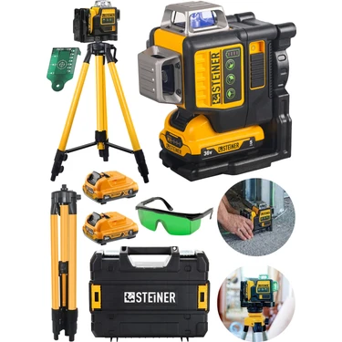 Steiner Alman 36 V 5 Ah Çift Akülü 12 Köşe 360° Otomatik Hizalamalı Yeşil Çizgili Lazer Hizalama +