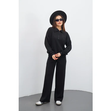 Dı Loria Kadın Siyah Renk Eşofman Takım Oversize Fermuarlı Sweatshirt