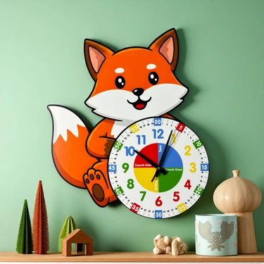 Montessori Eğitici Tilki Temalı Çocuk Duvar Saati | Renkli Ahşap Saat + Uv