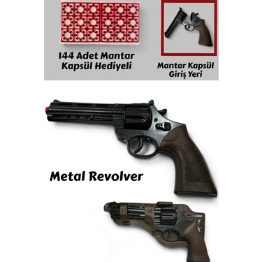 Yıldırım Oyuncak Metal Revolver  25 cm Mantar Kapsül Atan Tabanca Revolver 144 Adet Kapsül