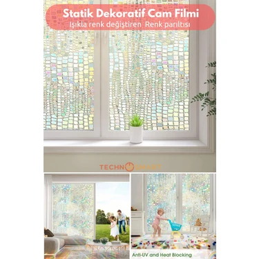 Technosmart 60CMX100CM Işıkla Renk Değiştiren Statik Cam Filmi – Gökkuşağı Efektli Desenli