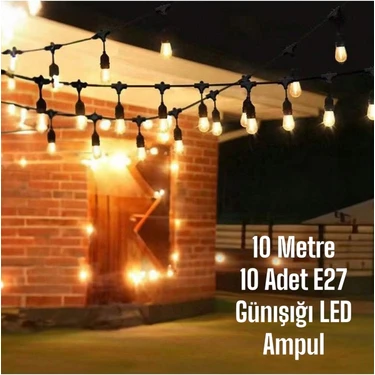 Full Reyon 10 Metre, 10 Adet 10 Watt Günışığı Ampullü Düğün Kına, Eğlence, Işletme, Bahçe
