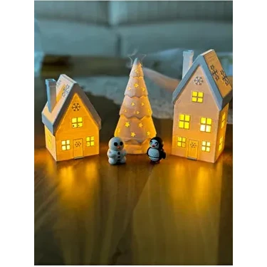 Kar Taneli 3lü Kış Evleri - 2 Noel Evi 1 Çam Ağacı-  Dekoratif Ev - Yılbaşı Süsleri -