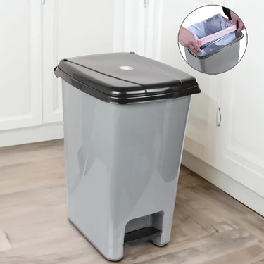 Meleni Home Pedallı Gri Banyo Mutfak Çöp Kovası Siyah Kapaklı Slim Pedallı Çöp Kovası 40 Litre