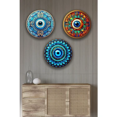 Nazar Boncuğu Kristal Modern Şık Mdf Tablo Seti,  Oturma Odası, Salon, Ev Duvar Tablosu