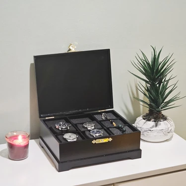 Tekir Store Ahşap 9 Bölmeli Saat Kutusu Dekoratif Siyah Saat Aksesuar Saklama Kutusu