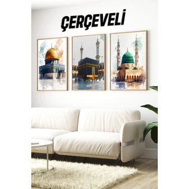 KutuTR Kudüs, Kâbe ve Mescid-I Nebevi Temalı 3’lü Çerçeveli Tablo Seti🌿 CRV1182 23 x