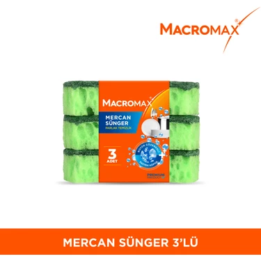 Macromax Mercan Bulaşık Süngeri 3'lü Paket, Büyük Gözenekli Bol Köpük Sağlayan Ergonomik