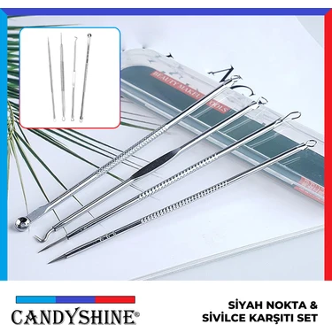 CandyShine Deluxe Premium Siyah Nokta Temizleme Aleti Komedon 4 Parça Paslanmaz Çelik Hijyenik