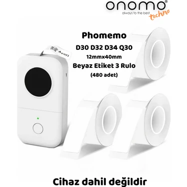 Onomo Techno Phomemo (3 Rulo) 12X40MM/480 Adet Beyaz Etiket