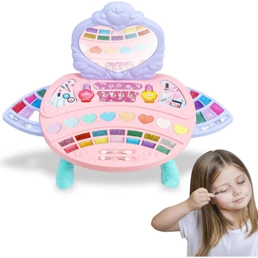 Bloomie Aynalı Ayaklı Çocuk Makyaj Güzellik Seti, Mini Makyaj Masası ve Far Paletli Sürülebilir