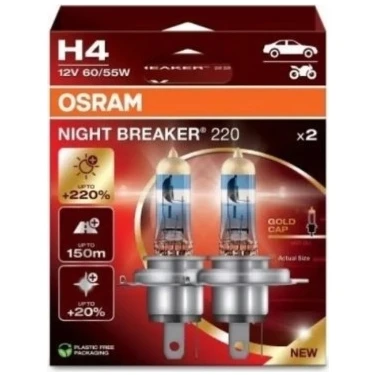 Osram H4 Night Breaker 220 12v %220 Fazla Işık (1 TAKIM-2 AD.) Oto Ampul Seti (YASAL