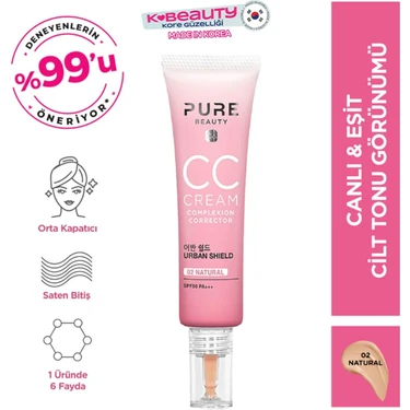 Pure Beauty CC Krem - Nemlendirici ve Güneş Koruyucu, SPF50 PA+++, Tüm Cilt Tipleri için Niasinamid