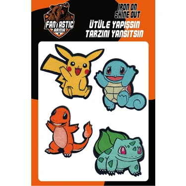 4'lü Pokemon Seti - Pikachu, Squirtle, Charmander, Bulbasaur Ütüyle Yapışan Dokuma Arma, Patch,