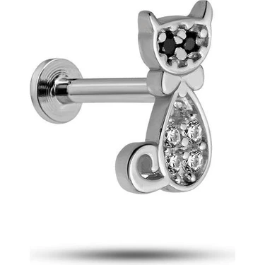 Nereze 925 Ayar Gümüş Rodyumlu Minimal Zirkon Taşlı Kedi Tragus Piercing