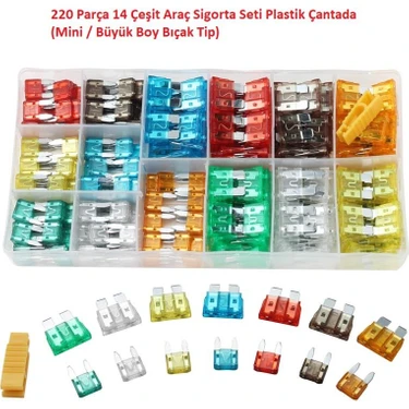 Hatfon 220 Parça 14 Çeşit Araç Sigorta Seti Plastik Çantada (Mini / Büyük Boy Bıçak