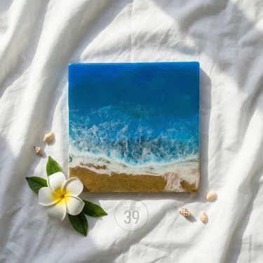 Akdeniz Esintili Epoksi Okyanus Duvar Tablosu – El Yapımı Reçine Sanatı (25X25 cm / 30X30