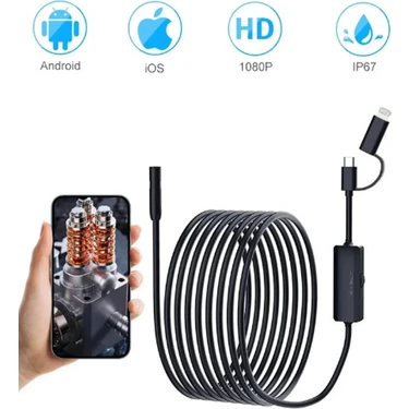 Vothoon Endoskop Yılan Video Kamera - İos ve Android Uyumlu Led'li 10 Metre 8 mm Sert Kablo