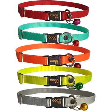 Coco Pet Kedi Boyun Tasması Zilli  5'li Set  20-37  cm Turuncu Turkuaz Sarı Gri