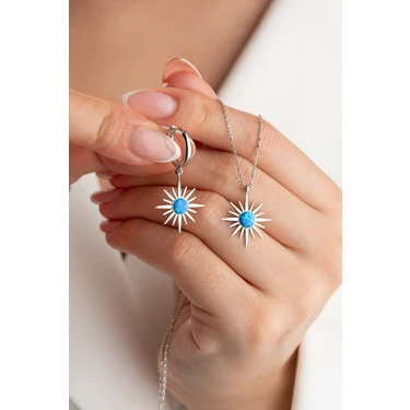 Silvano Jewelry 925 Ayar Gümüş Opal Taşlı Kutup Yıldızı (Kolye-Küpe)