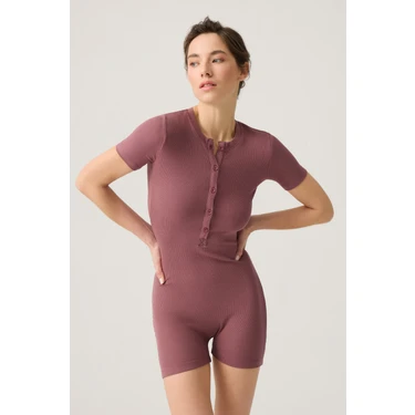 Los Ojos Bordo Fitilli Kısa Kollu Kısa Tulum Short