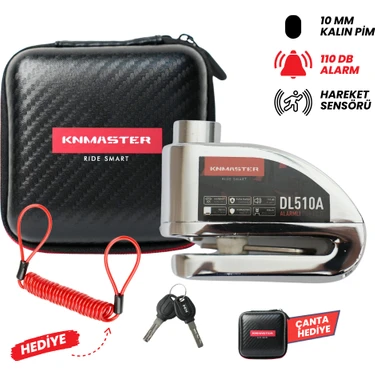 Knmaster DL510A 10 mm Alarmlı Disk Kilidi | Hatırlatma Kablosu ve Taşıma Çantası Hediye |