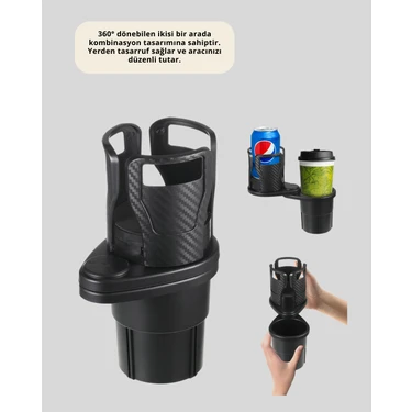 isiltikidsmoda Oto Bardak Tutucu 360° Döner Çift Bölmeli Karbon Fiber Tasarım -