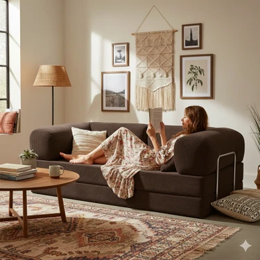 Dechome Meganest Modern Fitilli Kadife Kanepe| Yatak Olabilen, Dayanıklı Orta Sert Sünger,