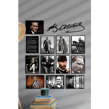 Atatürk Çerçevesiz Çerçeve Görünümlü Atatürk Fotoğrafları 13 Parça Mdf Tablo Seti Atatürk