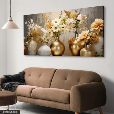 Evine Moda Gold Vazoda Çiçekler Tek Parça Kanvas - Canvas
