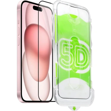 Apple iPhone 15/14 Pro/16 Kolay Uygulama Aparatlı Siyah Çerçeveli Tam Kapatan Kırılmaz Cam Ekran