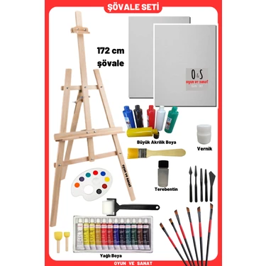 O&S Lüks Resim Başlangıç Seti 3-Şövale (Şövalye), Tuval (Tual Seti), Ressam Akrilik Yağlı Boya